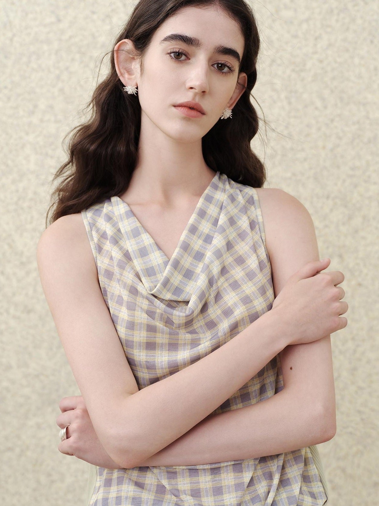 someonesometimes Soft 50 50 Blend Slim Collared Halter For Women Plaid Light Sage Tank Tops