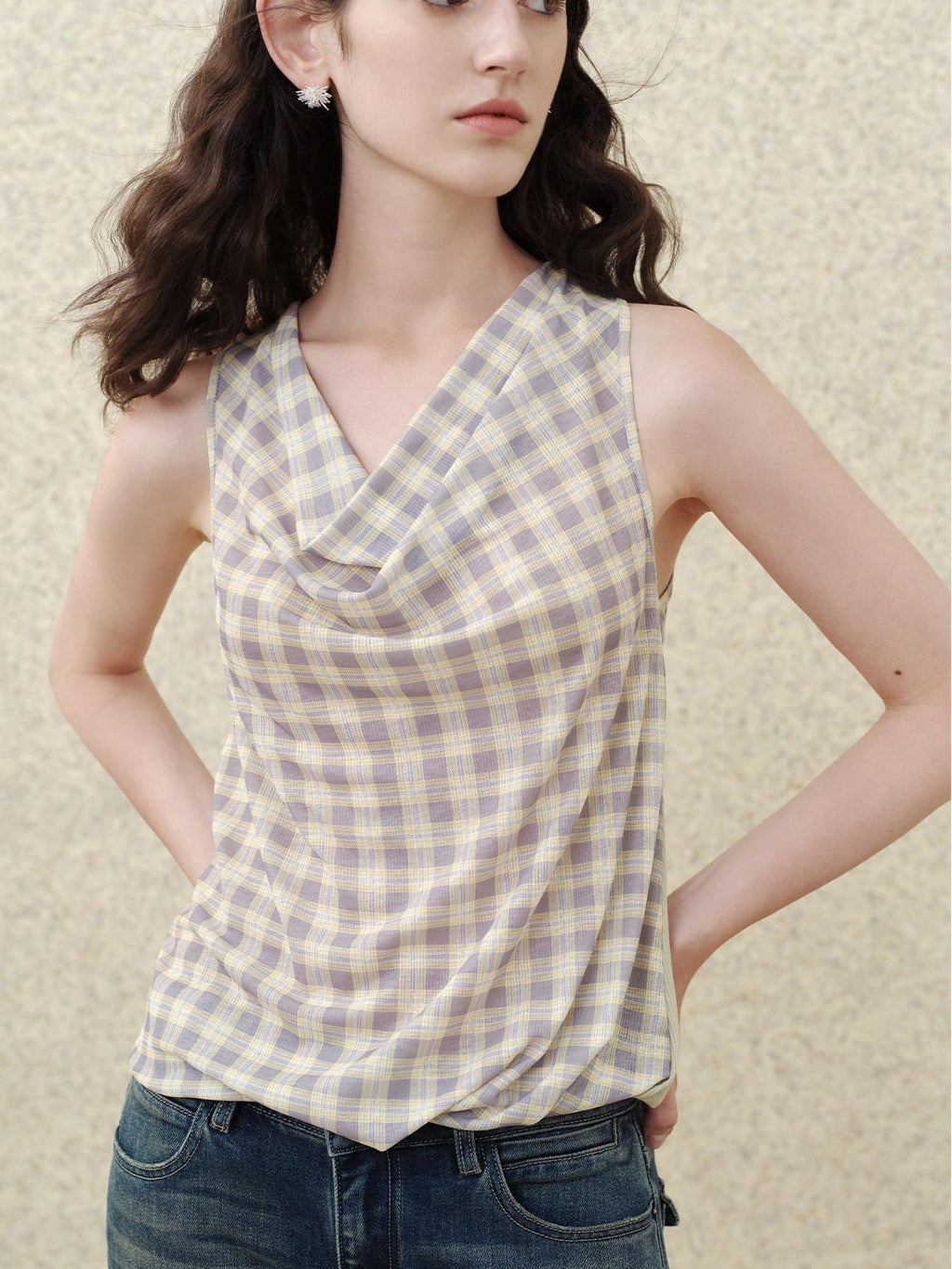 someonesometimes Soft 50 50 Blend Slim Collared Halter For Women Plaid Light Sage Tank Tops