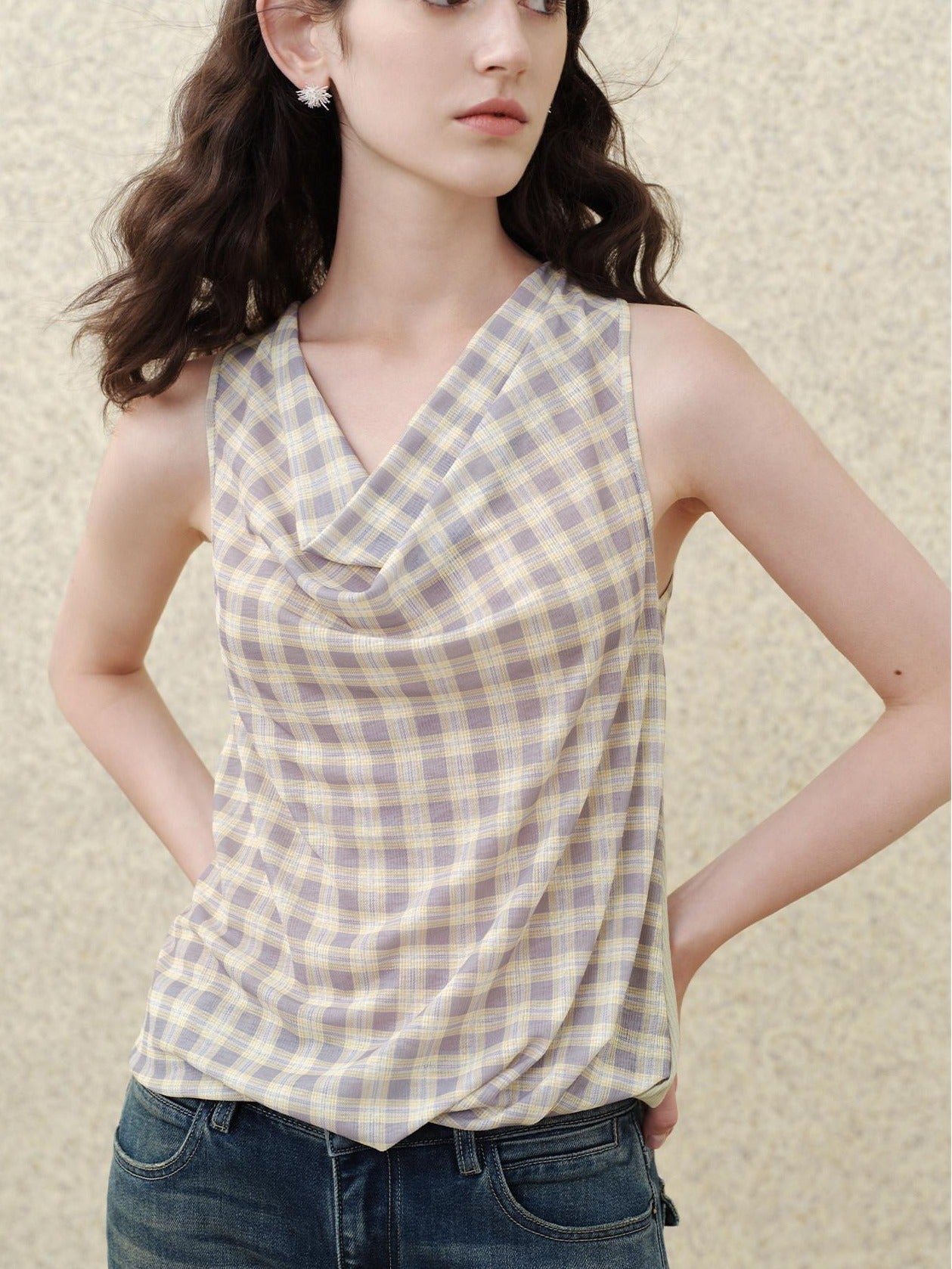 someonesometimes Soft 50 50 Blend Slim Collared Halter For Women Plaid Light Sage Tank Tops