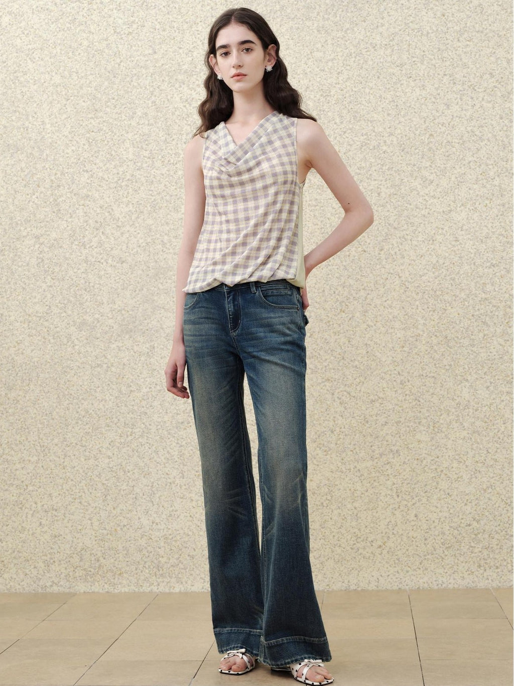 someonesometimes Soft 50 50 Blend Slim Collared Halter For Women Plaid Light Sage Tank Tops