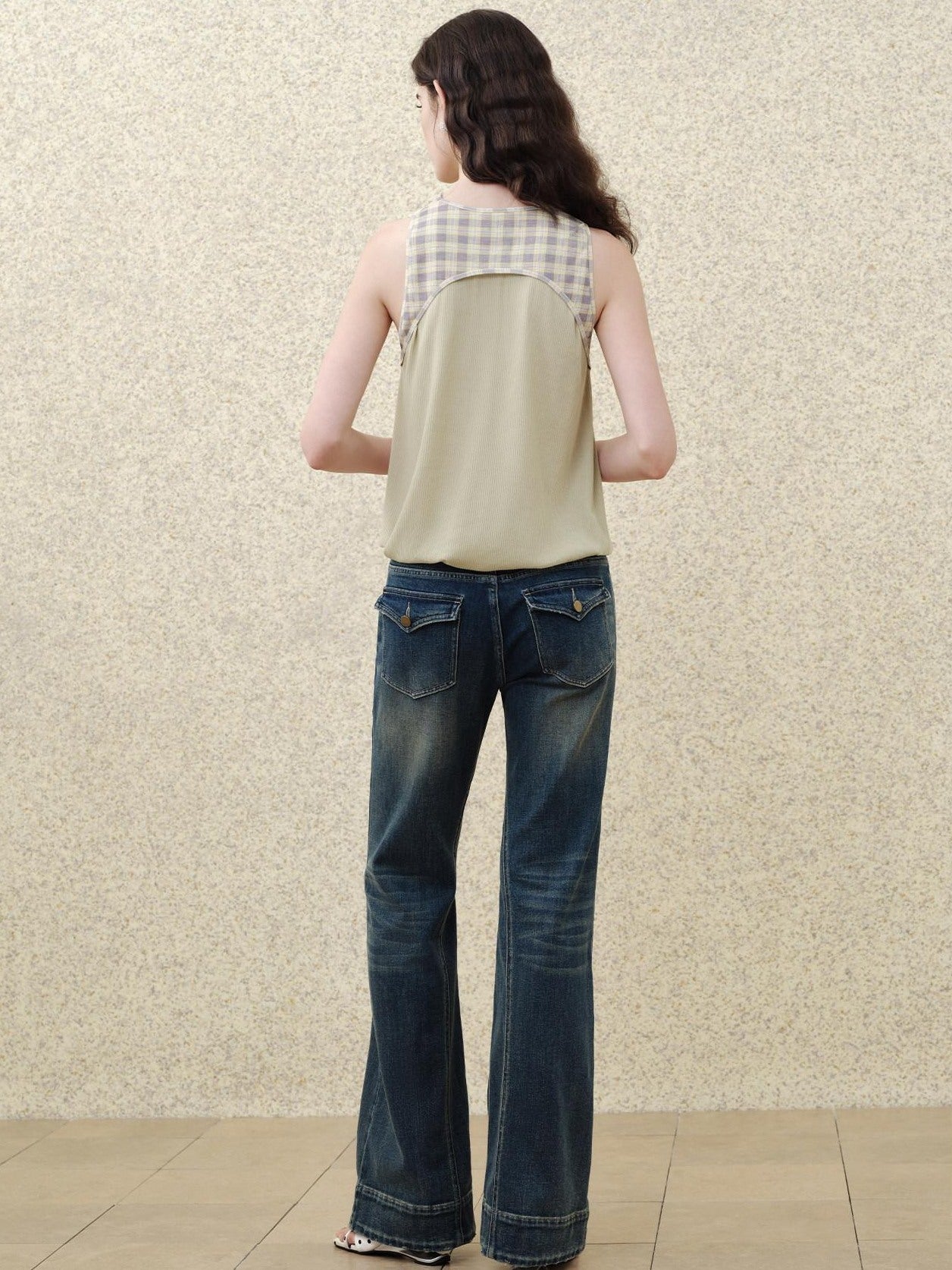 someonesometimes Soft 50 50 Blend Slim Collared Halter For Women Plaid Light Sage Tank Tops
