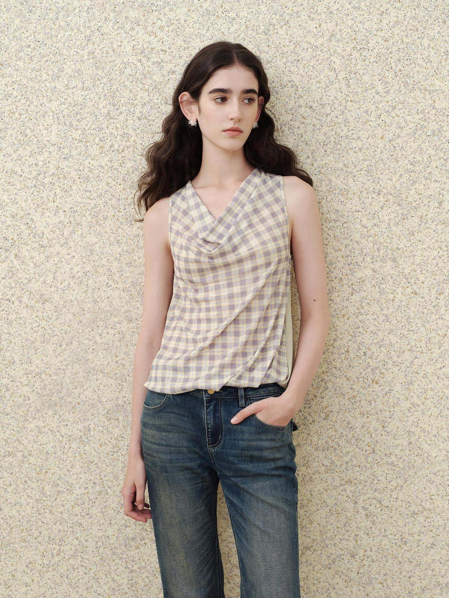 someonesometimes Soft 50 50 Blend Slim Collared Halter For Women Plaid Light Sage Tank Tops