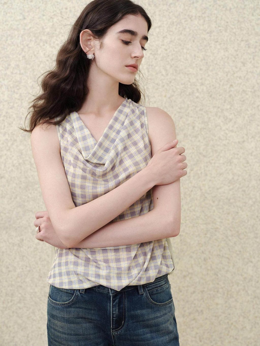 someonesometimes Soft 50 50 Blend Slim Collared Halter For Women Plaid Light Sage Tank Tops