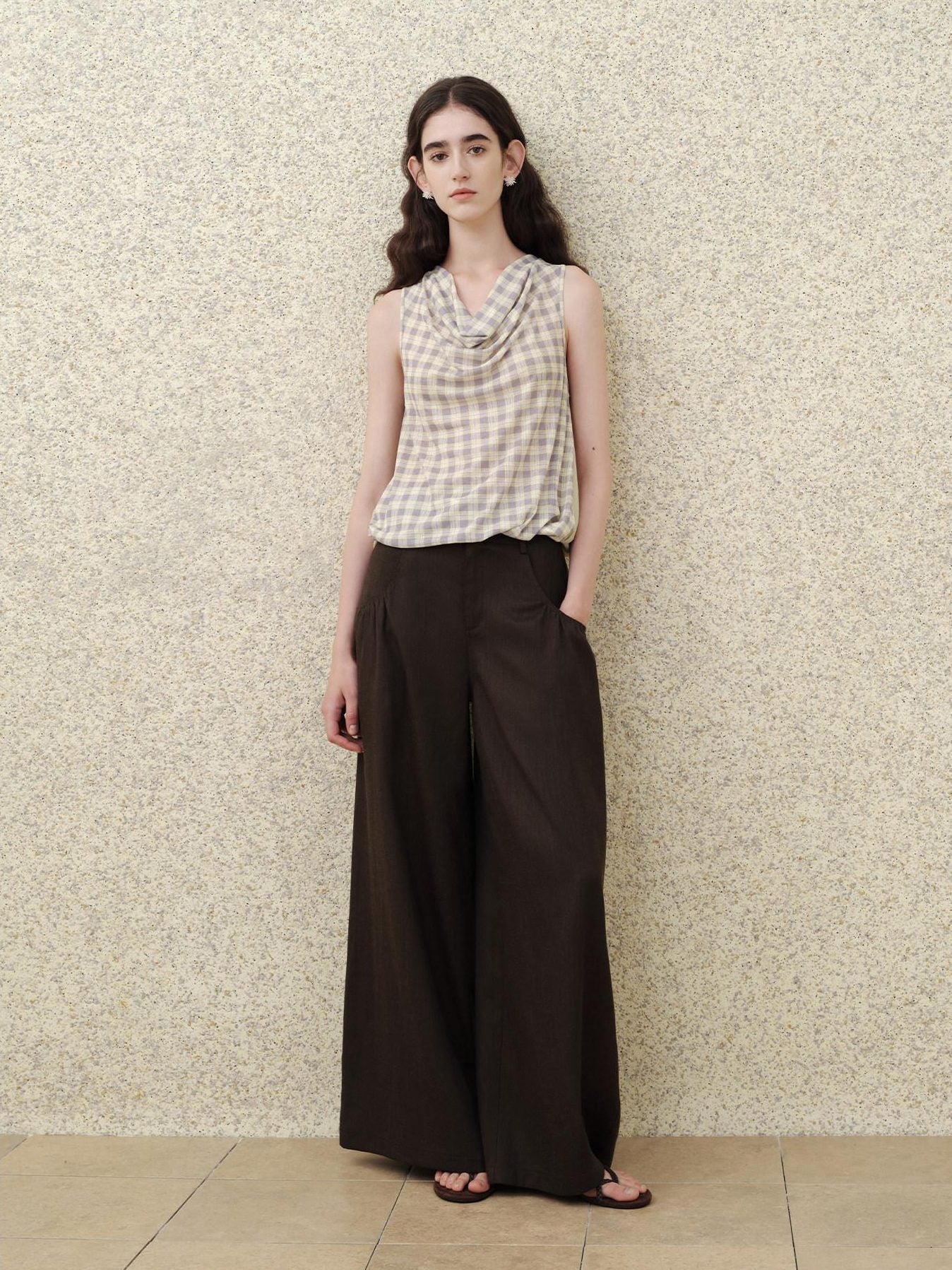 someonesometimes Soft 50 50 Blend Slim Collared Halter For Women Plaid Light Sage Tank Tops
