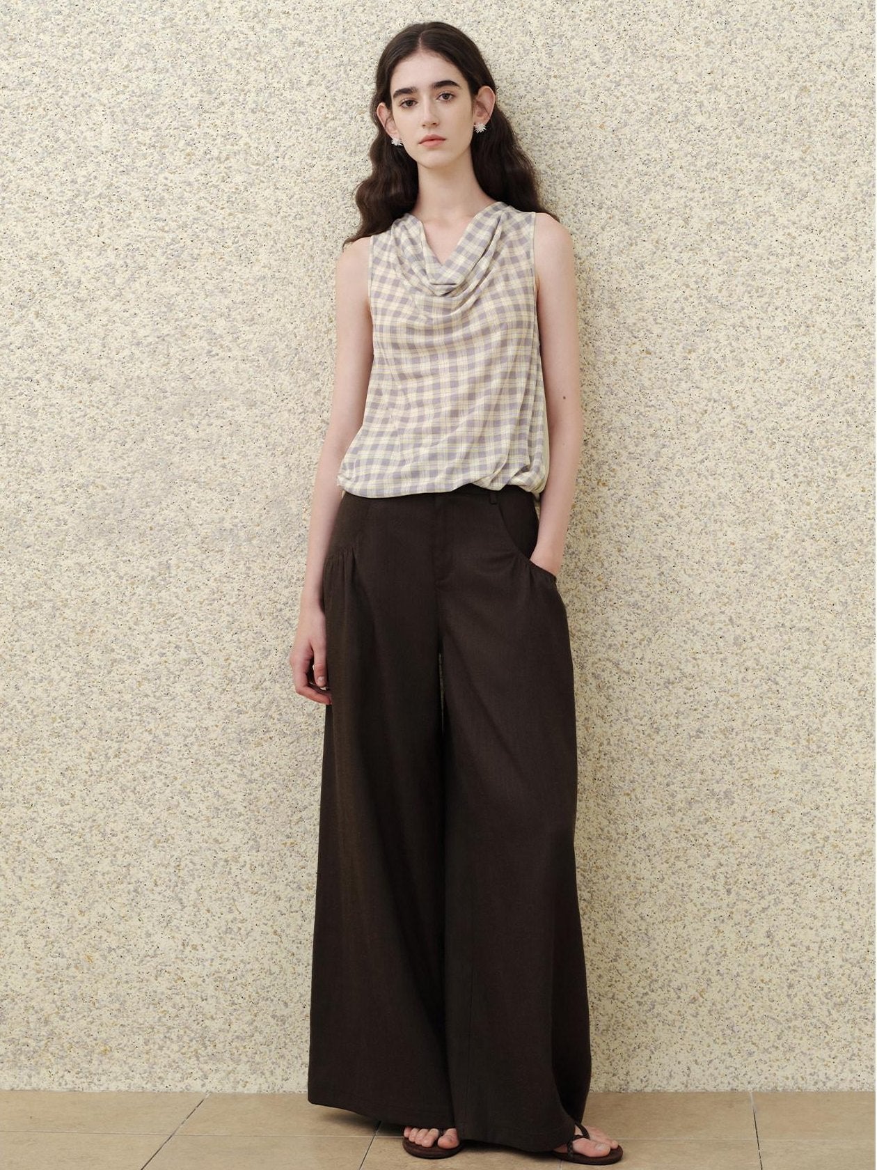 someonesometimes Soft 50 50 Blend Slim Collared Halter For Women Plaid Light Sage Tank Tops