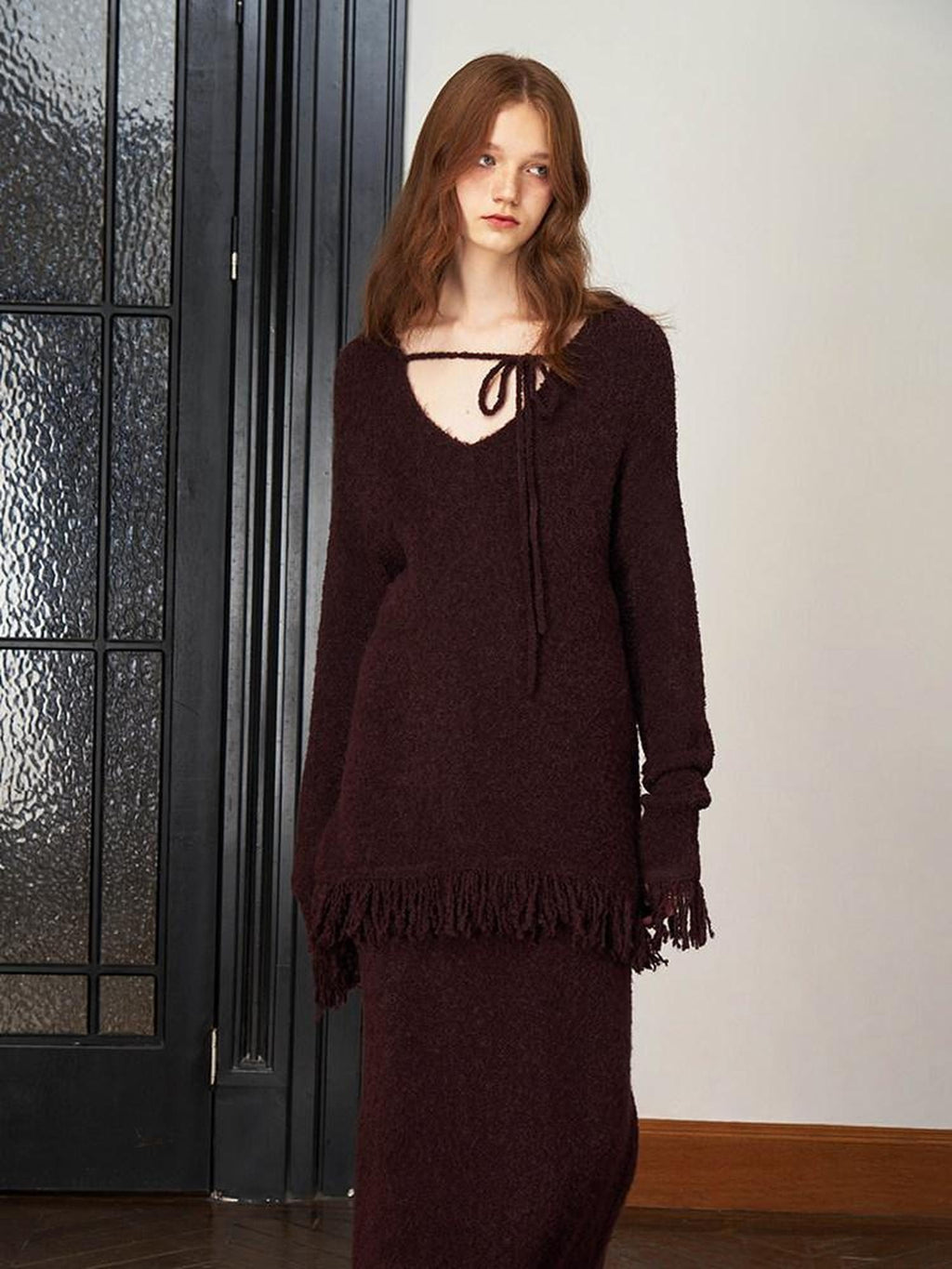 someonesometimes Soft Acrylic Wool V-neck Pullover Office Knit Red Brown Top & Skirt Sets