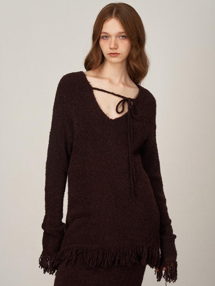 someonesometimes Soft Acrylic Wool V-neck Pullover Office Knit Red Brown Top & Skirt Sets