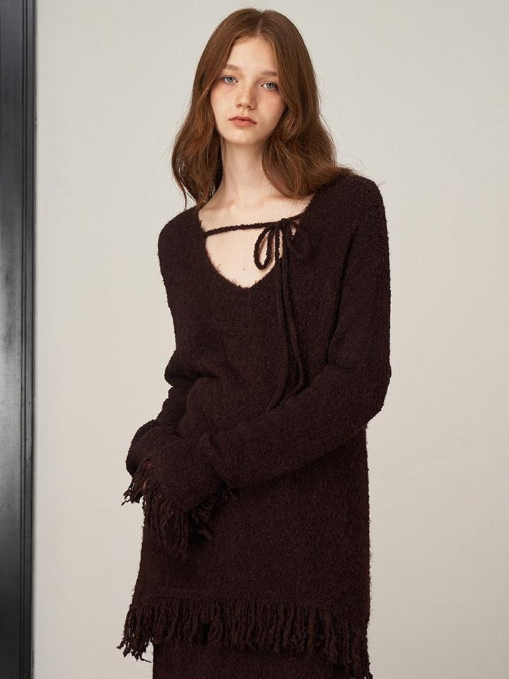 someonesometimes Soft Acrylic Wool V-neck Pullover Office Knit Red Brown Top & Skirt Sets