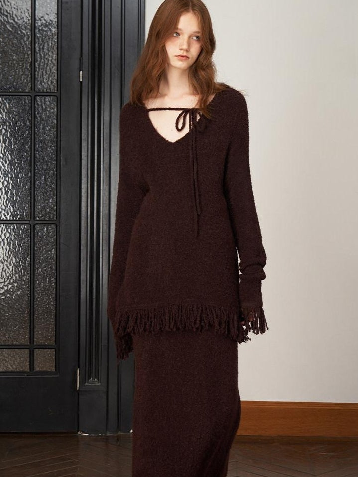 someonesometimes Soft Acrylic Wool V-neck Pullover Office Knit Red Brown Top & Skirt Sets