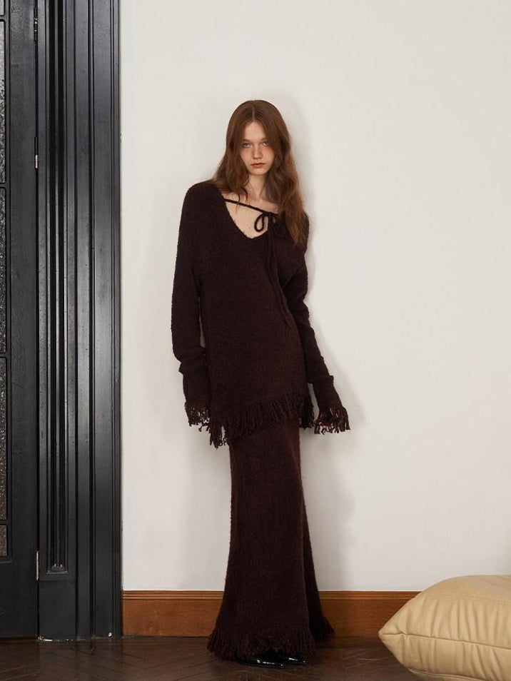 someonesometimes Soft Acrylic Wool V-neck Pullover Office Knit Red Brown Top & Skirt Sets
