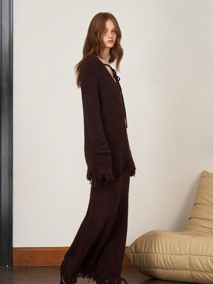 someonesometimes Soft Acrylic Wool V-neck Pullover Office Knit Red Brown Top & Skirt Sets