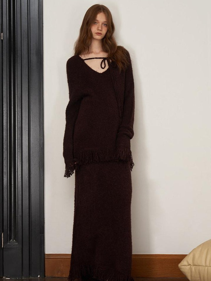 someonesometimes Soft Acrylic Wool V-neck Pullover Office Knit Red Brown Top & Skirt Sets