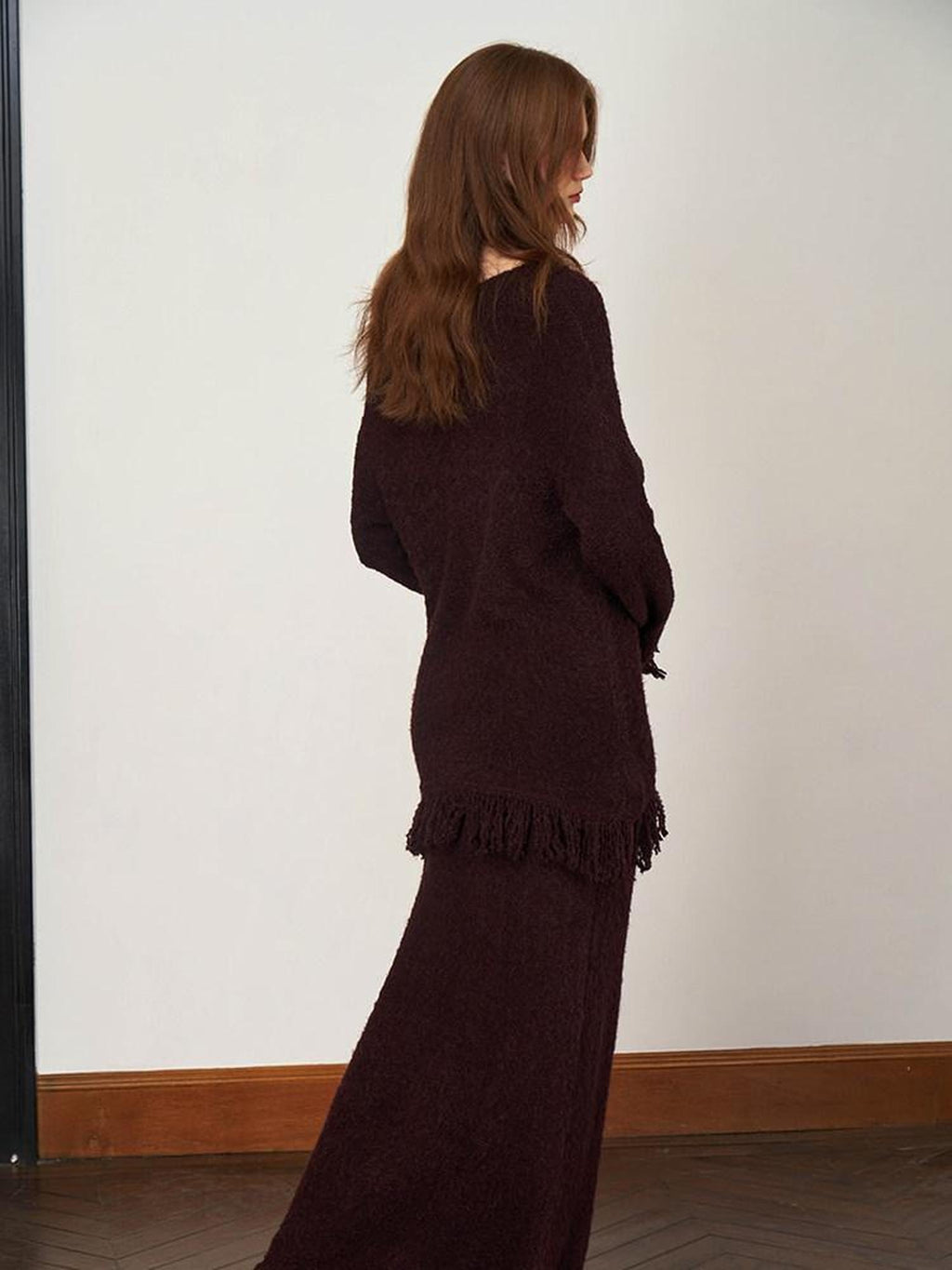 someonesometimes Soft Acrylic Wool V-neck Pullover Office Knit Red Brown Top & Skirt Sets