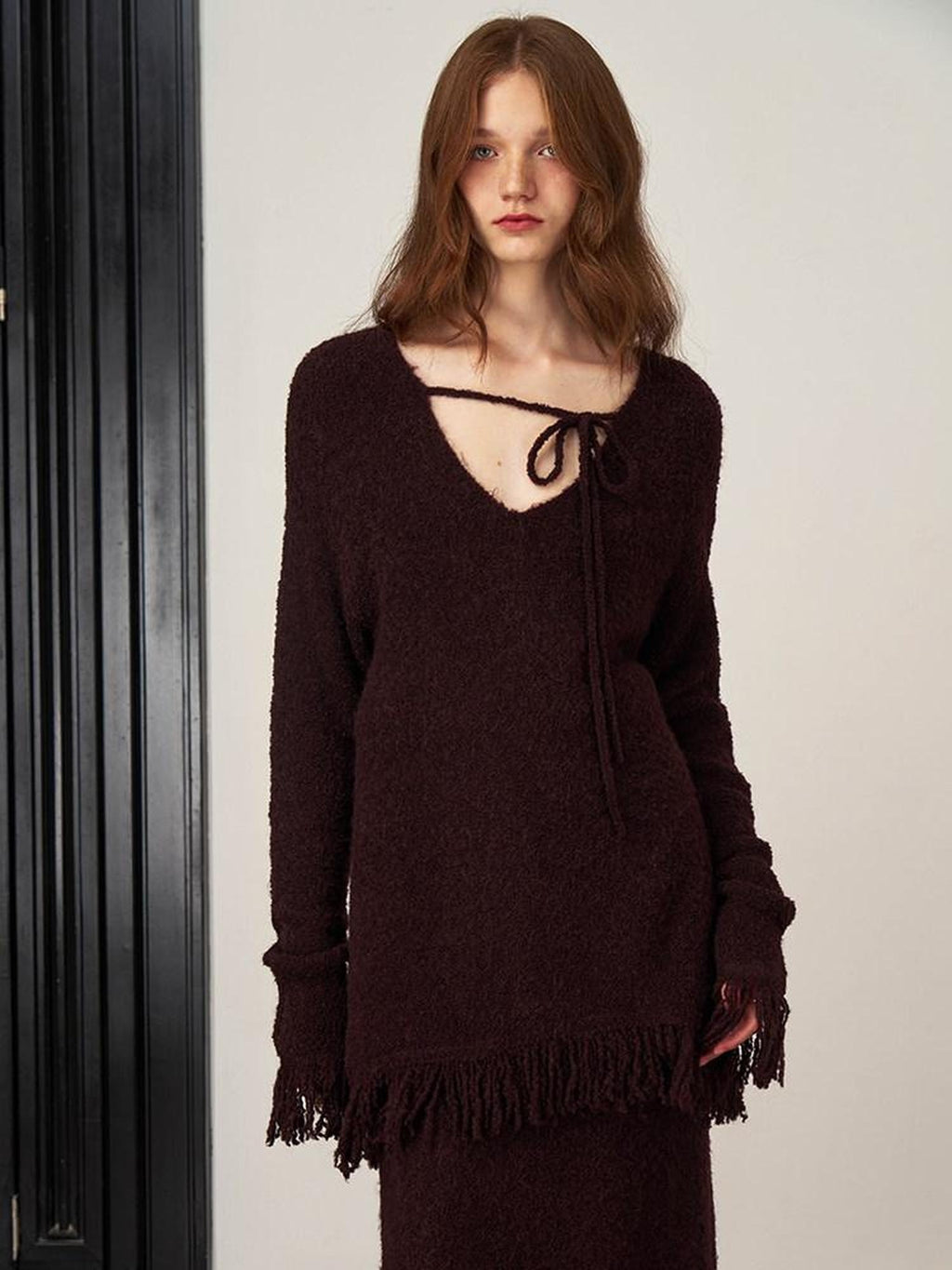 someonesometimes Soft Acrylic Wool V-neck Pullover Office Knit Red Brown Top & Skirt Sets