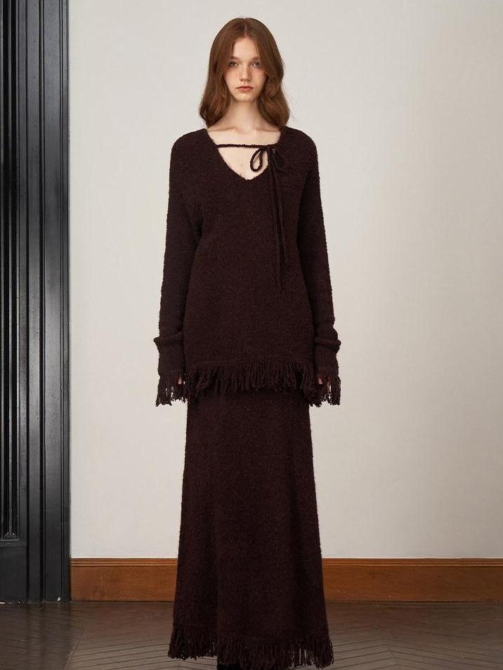someonesometimes Soft Acrylic Wool V-neck Pullover Office Knit Red Brown Top & Skirt Sets