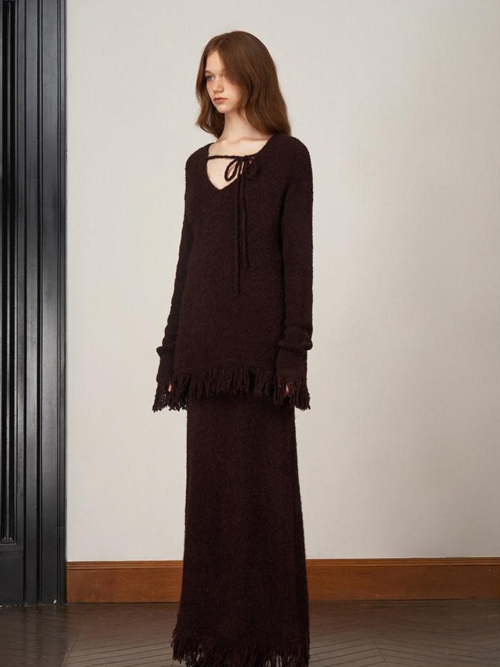 someonesometimes Soft Acrylic Wool V-neck Pullover Office Knit Red Brown Top & Skirt Sets