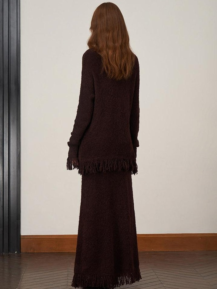 someonesometimes Soft Acrylic Wool V-neck Pullover Office Knit Red Brown Top & Skirt Sets