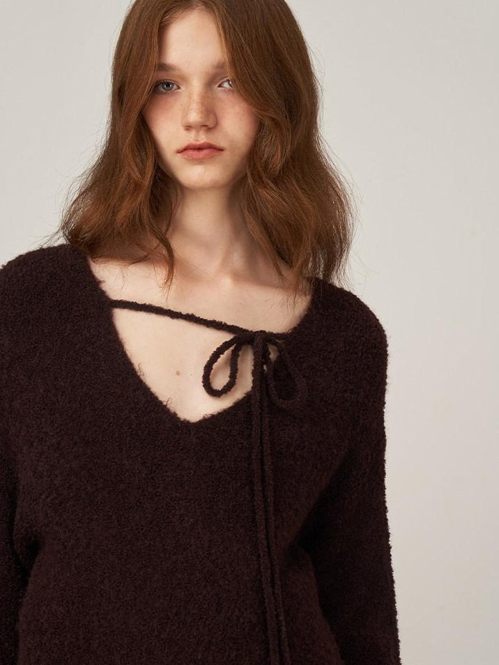someonesometimes Soft Acrylic Wool V-neck Pullover Office Knit Red Brown Top & Skirt Sets