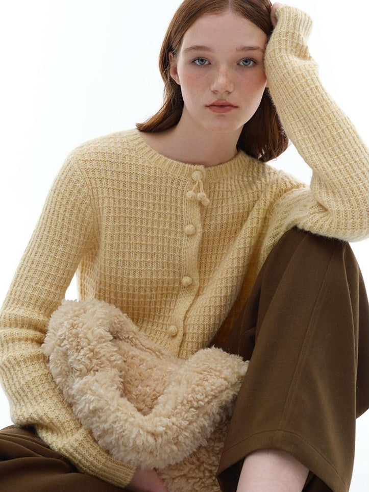 someonesometimes Soft Alpaca Blend Commuter Artsy Crew Neck Button Long Sleeve Cream Cardigans