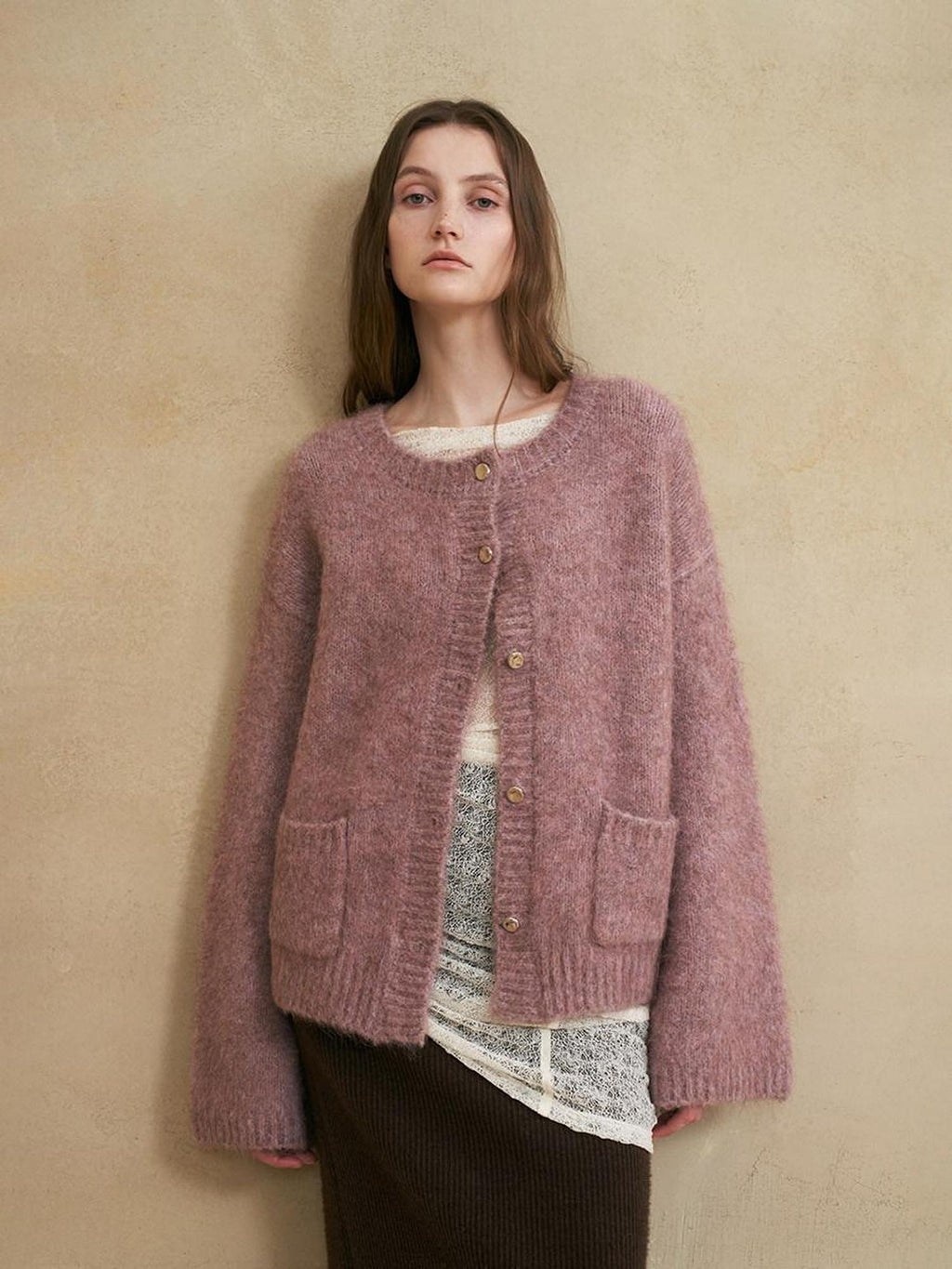 someonesometimes Soft Alpaca Blend Relaxed Fit Round Neck Long Sleeve Office Knit Cardigans