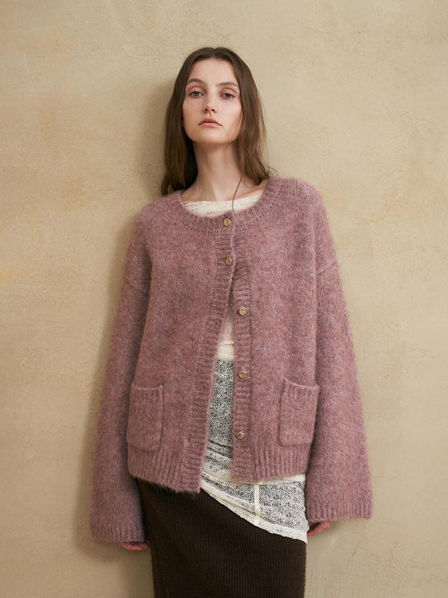 someonesometimes Soft Alpaca Blend Relaxed Fit Round Neck Long Sleeve Office Knit Cardigans