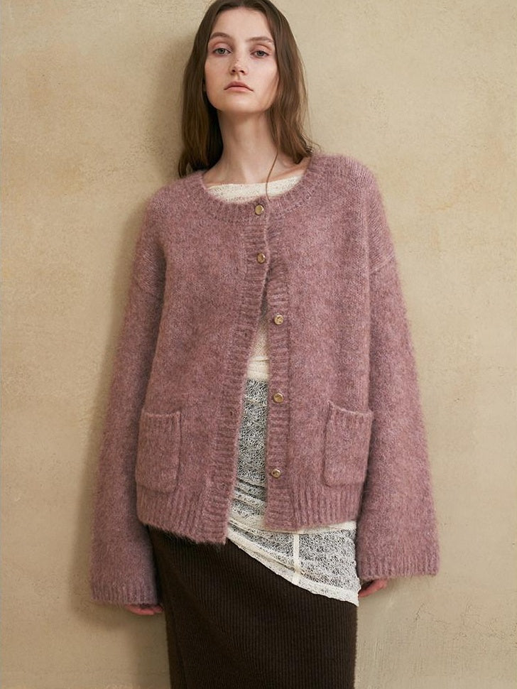 someonesometimes Soft Alpaca Blend Relaxed Fit Round Neck Long Sleeve Office Knit Cardigans