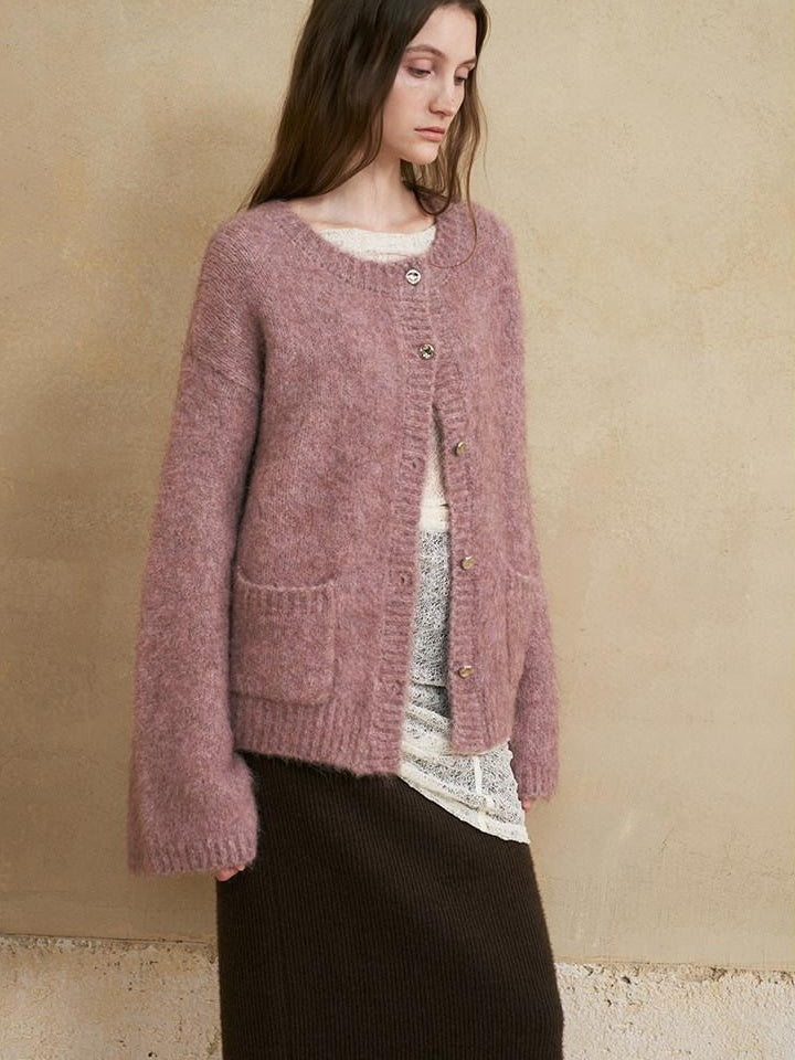someonesometimes Soft Alpaca Blend Relaxed Fit Round Neck Long Sleeve Office Knit Cardigans