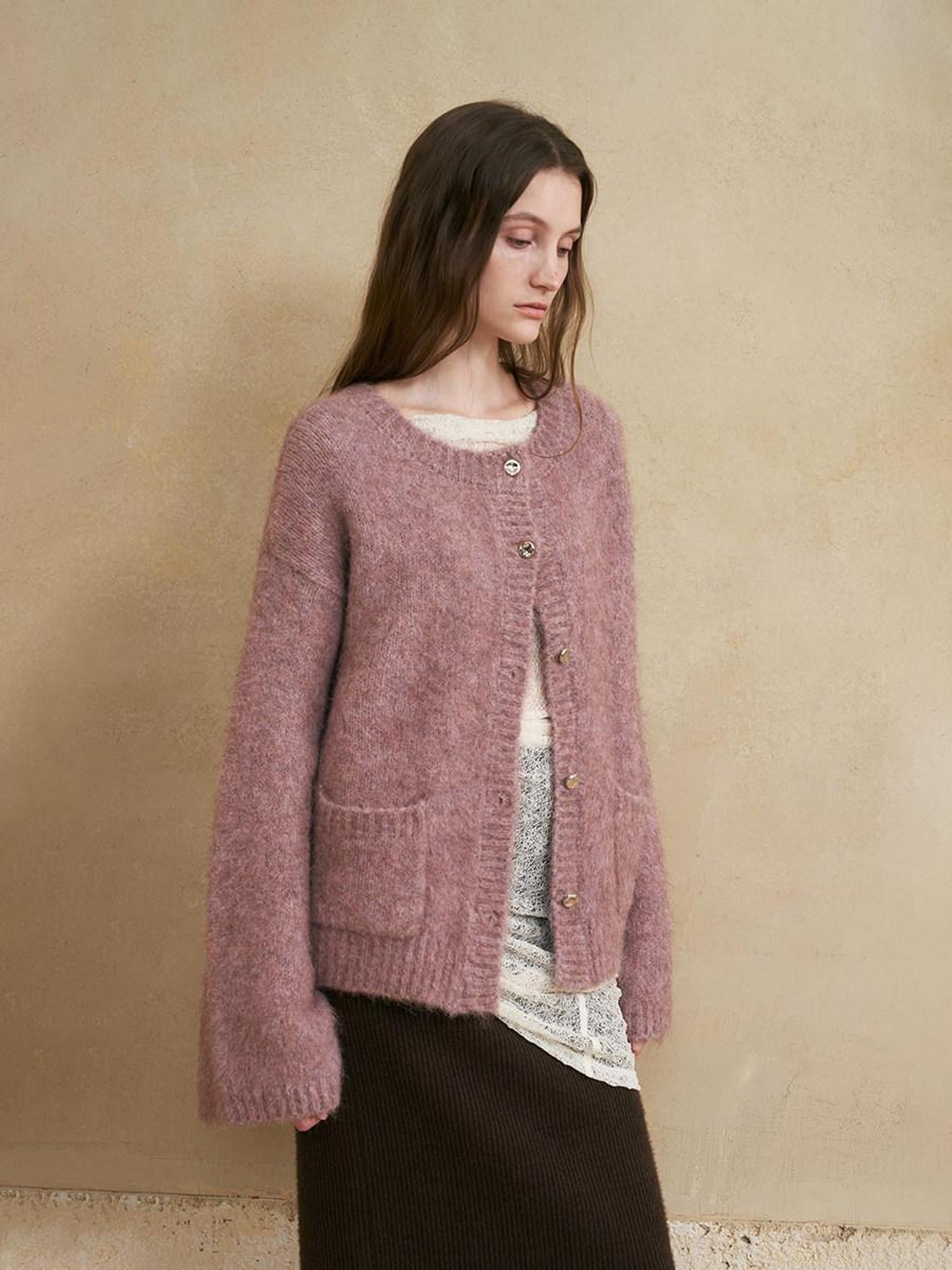 someonesometimes Soft Alpaca Blend Relaxed Fit Round Neck Long Sleeve Office Knit Cardigans
