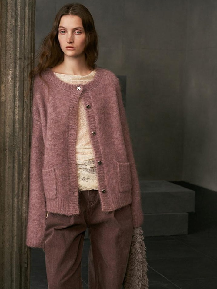someonesometimes Soft Alpaca Blend Relaxed Fit Round Neck Long Sleeve Office Knit Cardigans