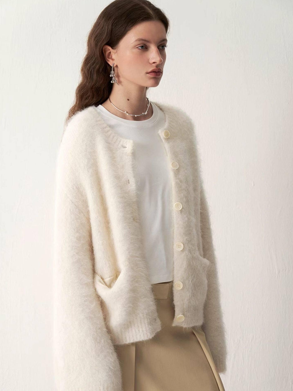 someonesometimes Soft Alpaca Blend Round Neck Open Front Office Ready Knit Pure White Cardigans