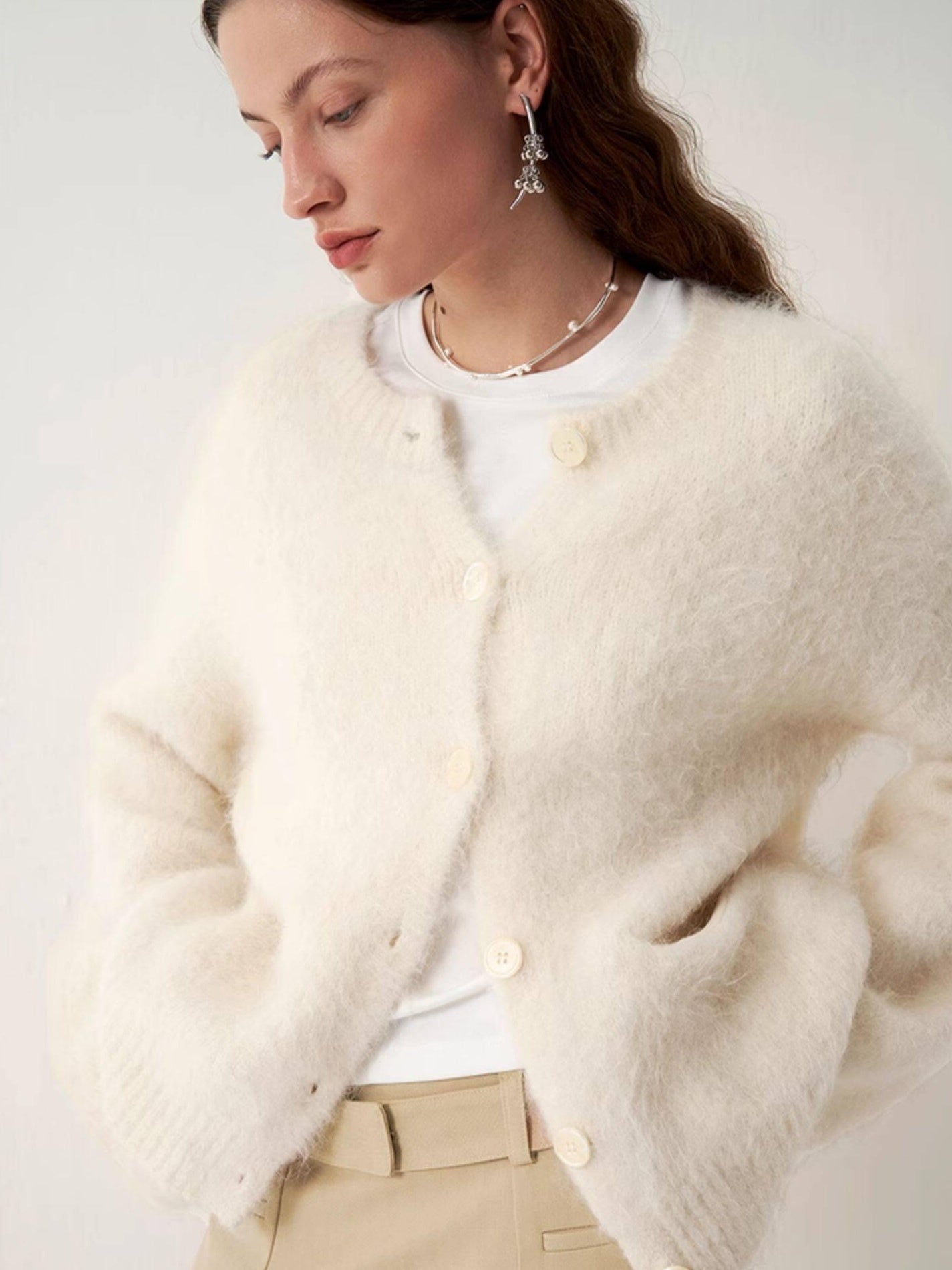 someonesometimes Soft Alpaca Blend Round Neck Open Front Office Ready Knit Pure White Cardigans