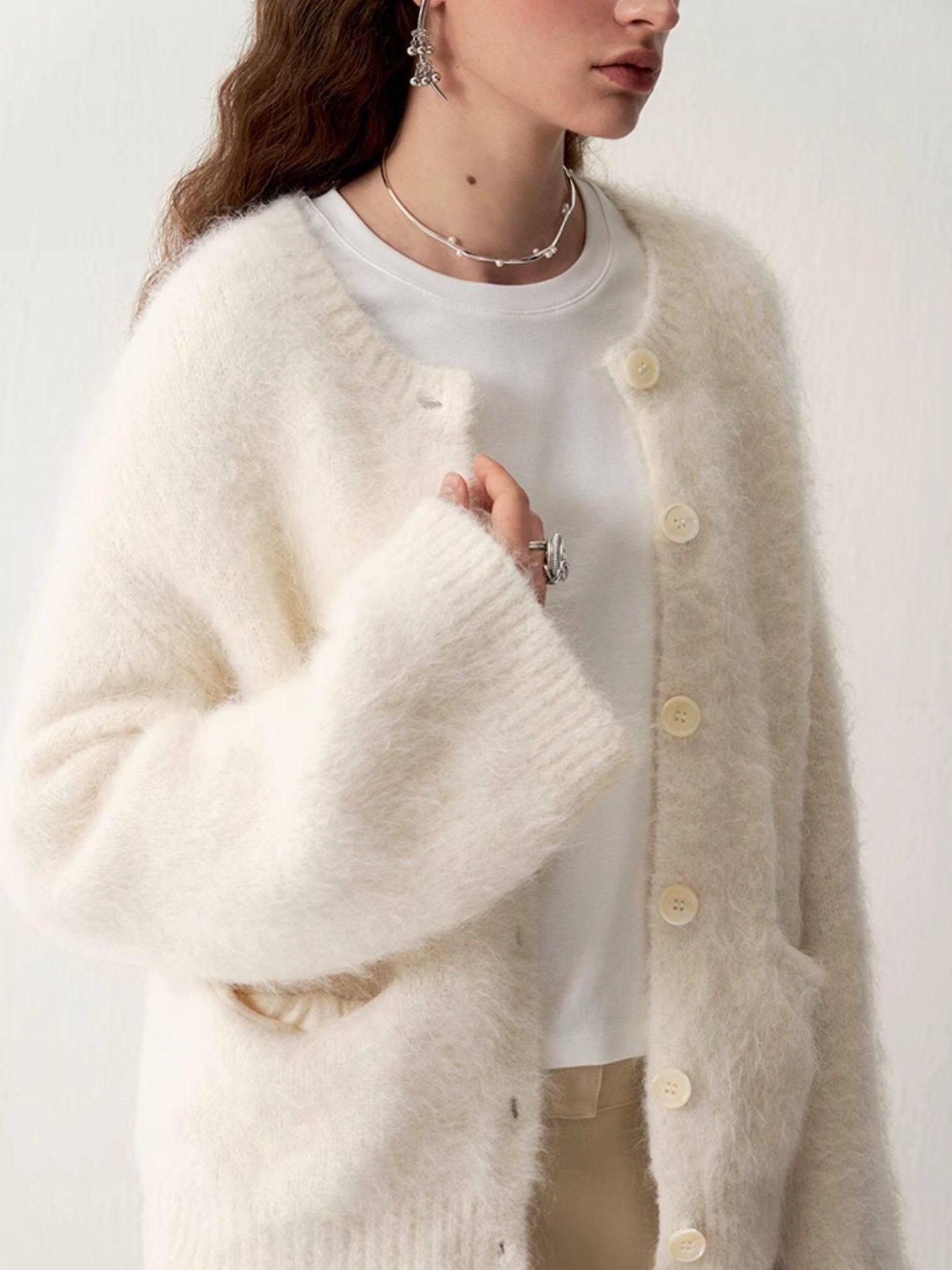 someonesometimes Soft Alpaca Blend Round Neck Open Front Office Ready Knit Pure White Cardigans