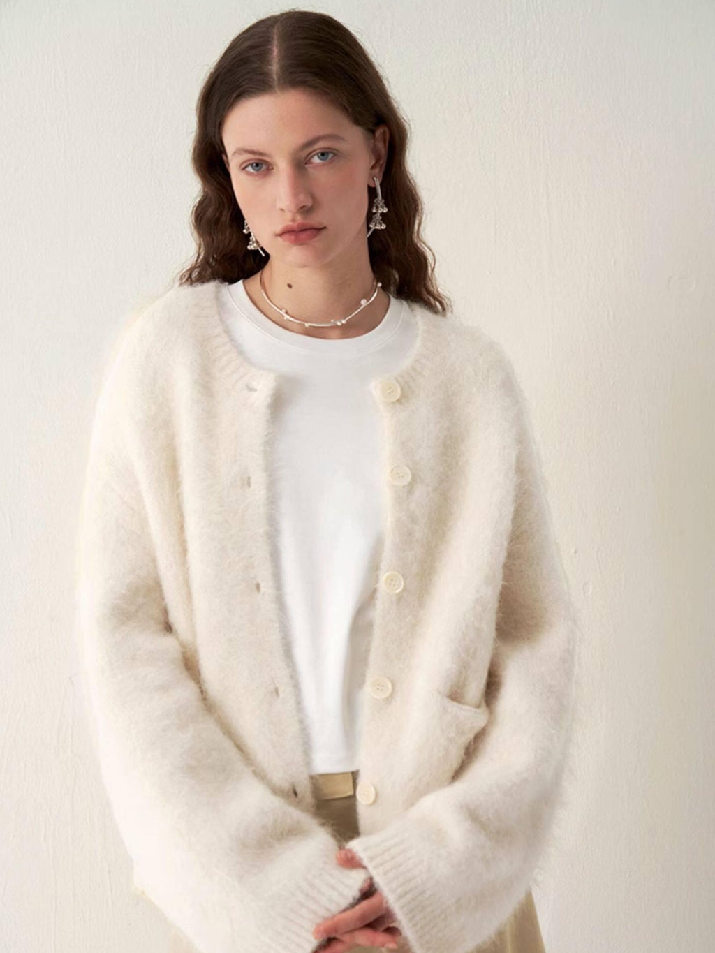 someonesometimes Soft Alpaca Blend Round Neck Open Front Office Ready Knit Pure White Cardigans