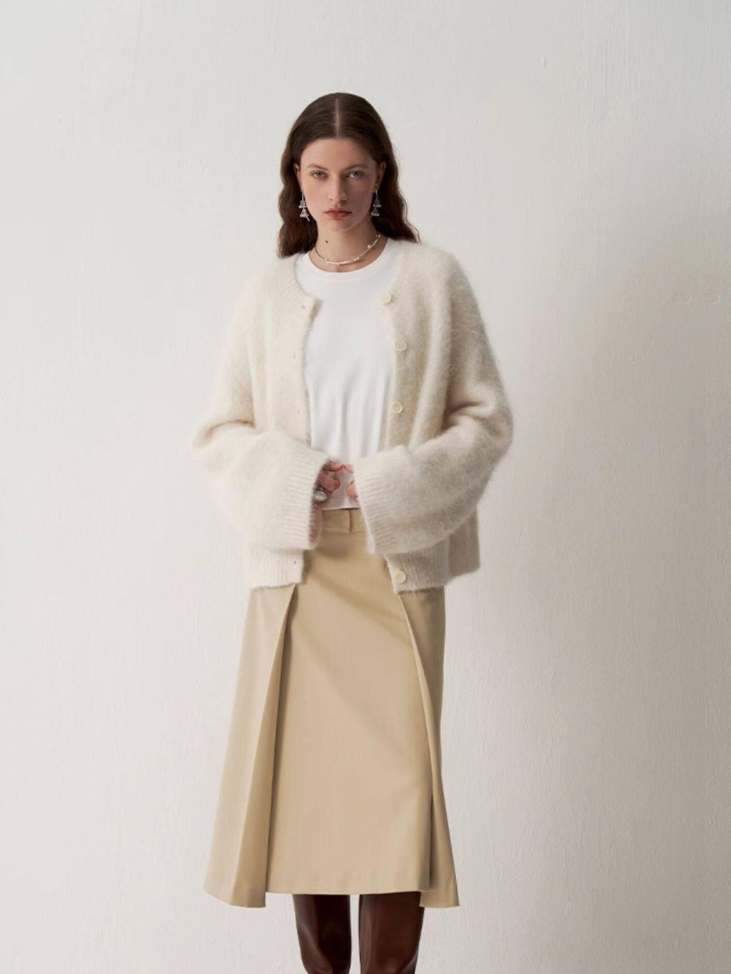 someonesometimes Soft Alpaca Blend Round Neck Open Front Office Ready Knit Pure White Cardigans