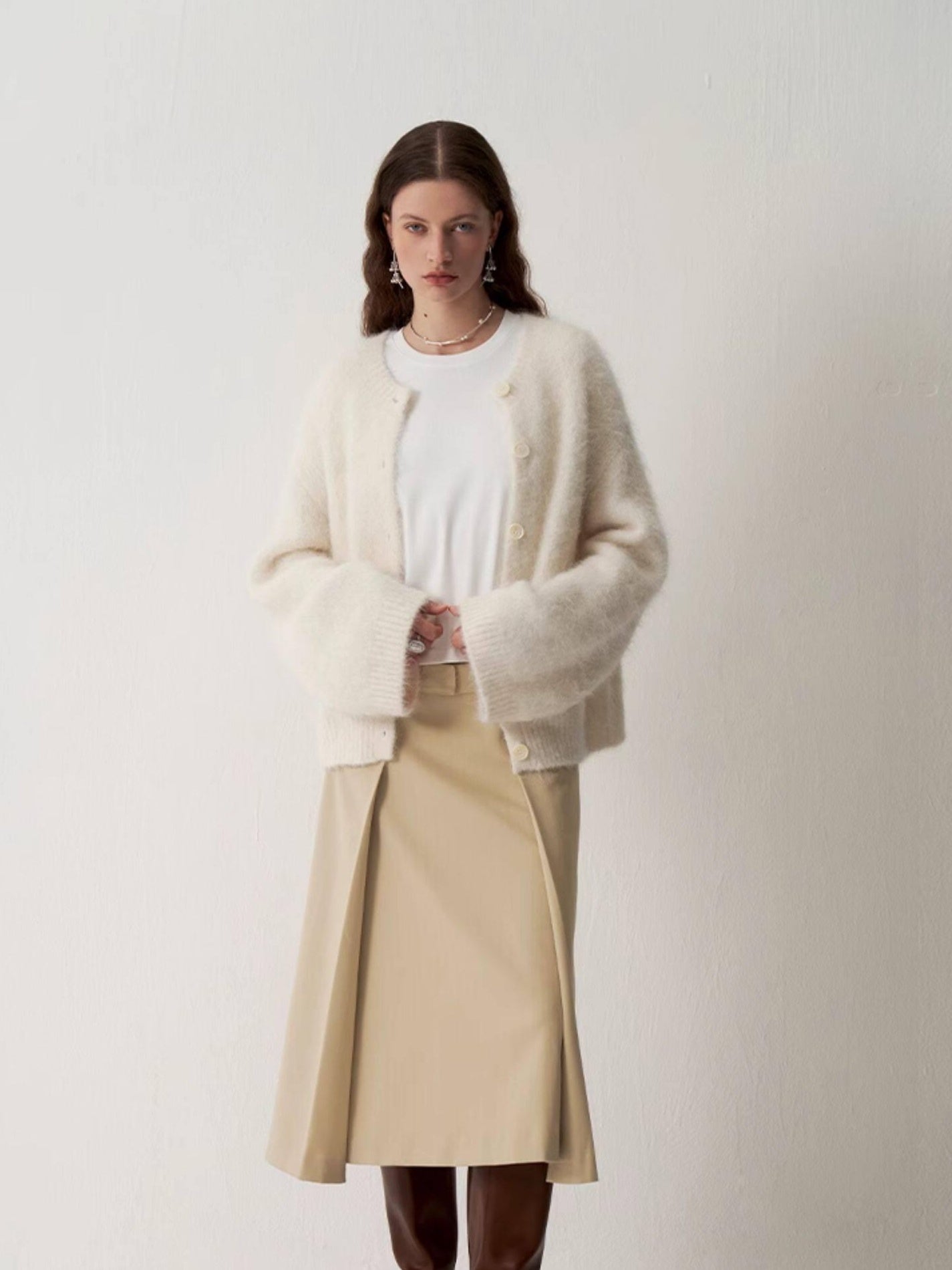 someonesometimes Soft Alpaca Blend Round Neck Open Front Office Ready Knit Pure White Cardigans