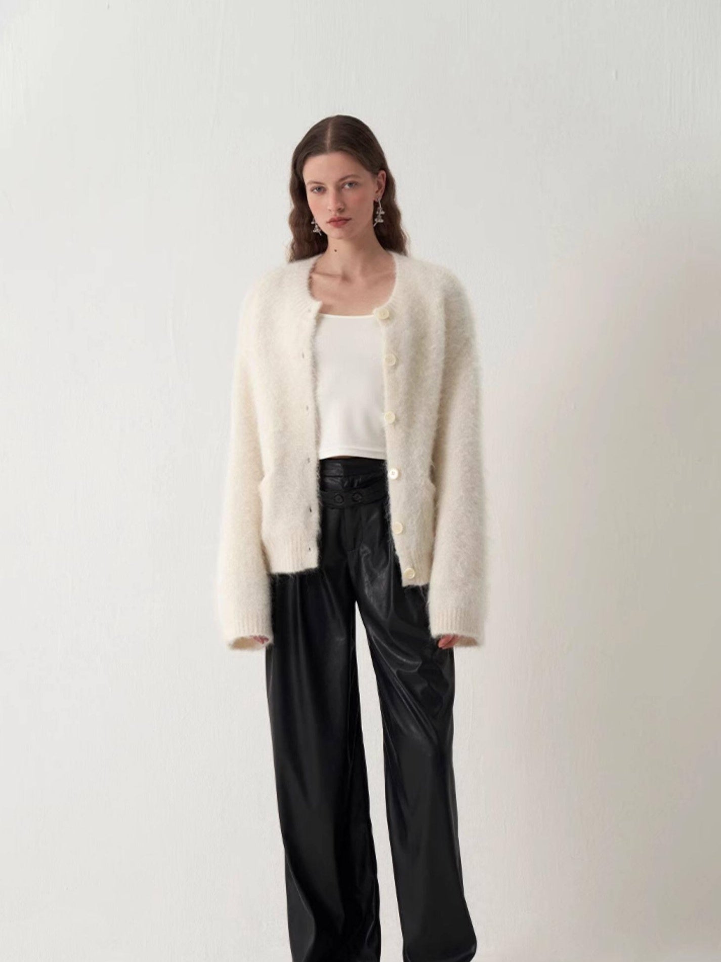 someonesometimes Soft Alpaca Blend Round Neck Open Front Office Ready Knit Pure White Cardigans