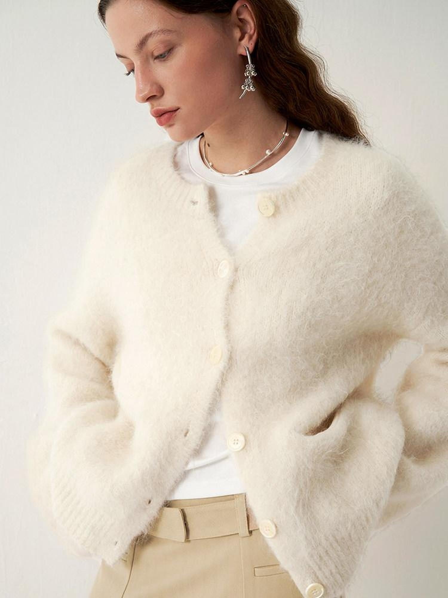 someonesometimes Soft Alpaca Blend Round Neck Open Front Office Ready Knit Pure White Cardigans