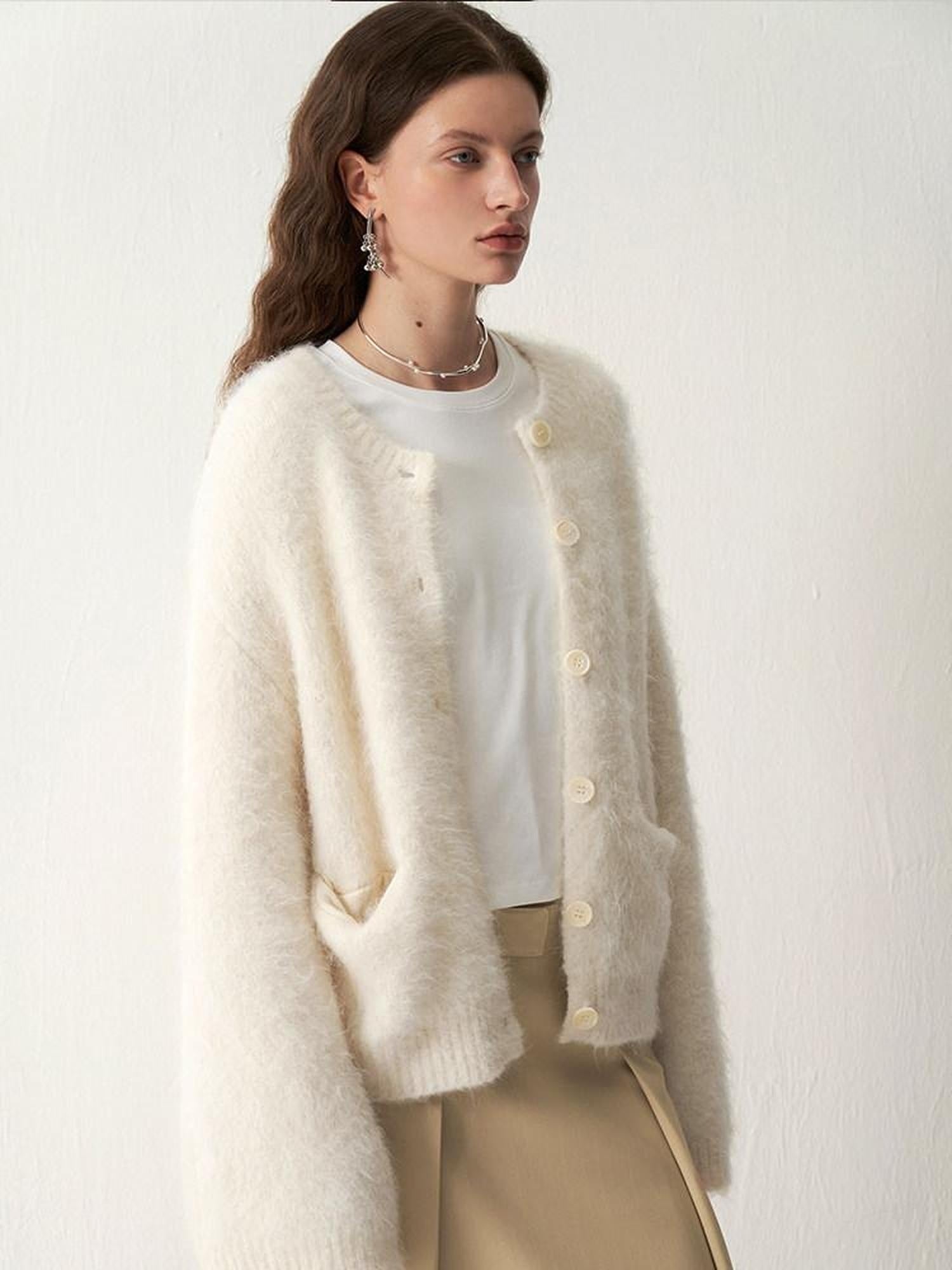 someonesometimes Soft Alpaca Blend Round Neck Open Front Office Ready Knit Pure White Cardigans