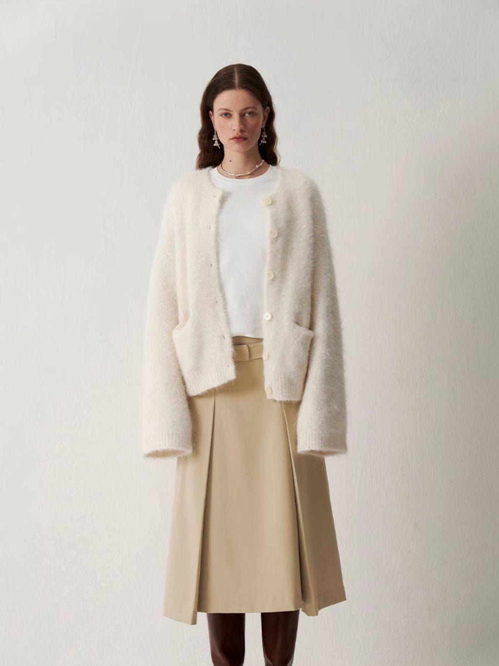 someonesometimes Soft Alpaca Blend Round Neck Open Front Office Ready Knit Pure White Cardigans