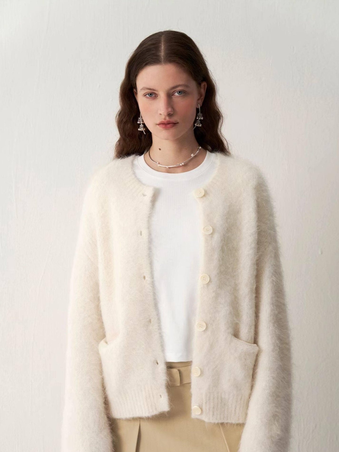someonesometimes Soft Alpaca Blend Round Neck Open Front Office Ready Knit Pure White Cardigans