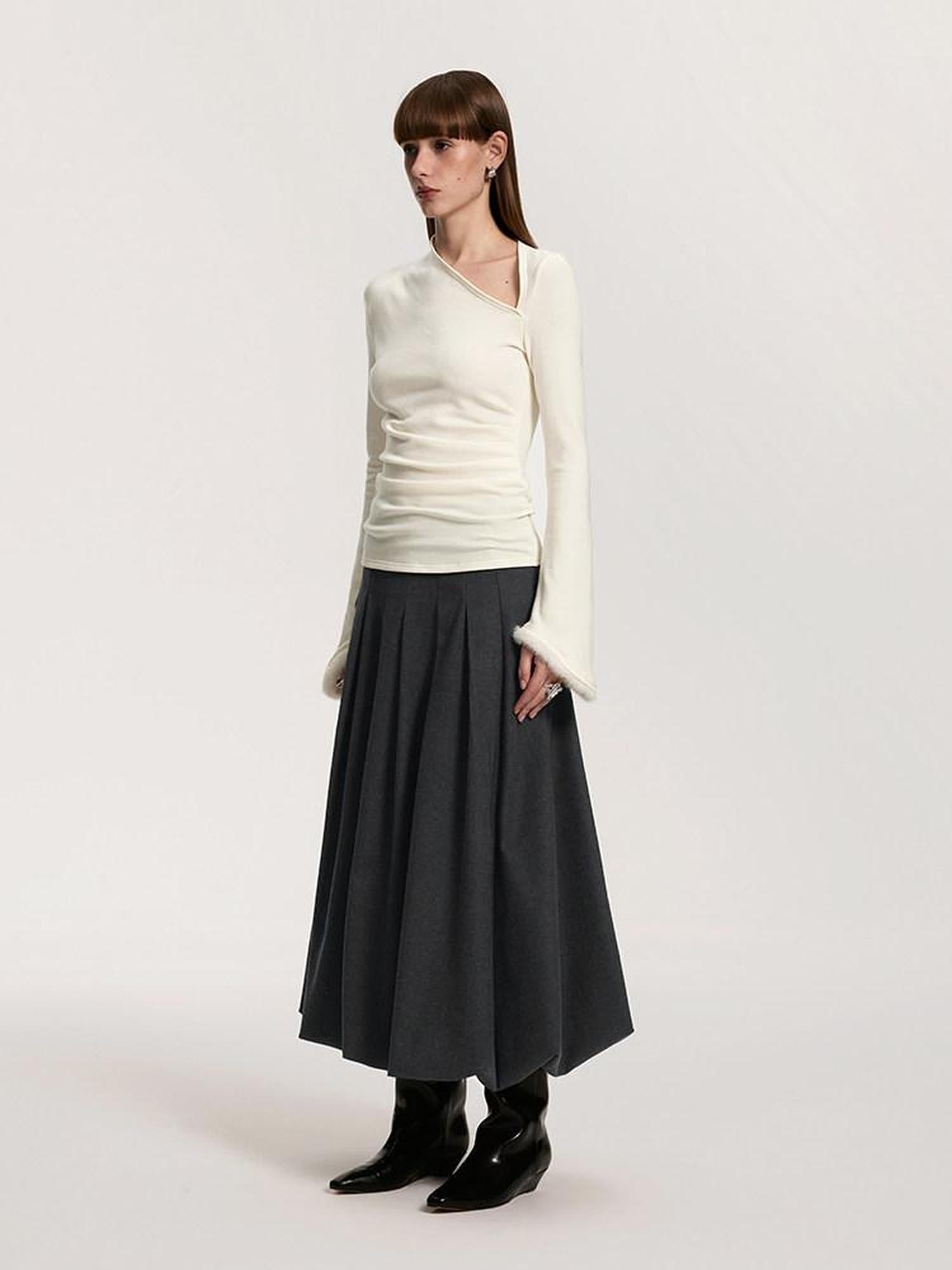 someonesometimes Soft Brushed Polyester Viscose Loose Mid Waist Office Dark Gray Midi Skirts