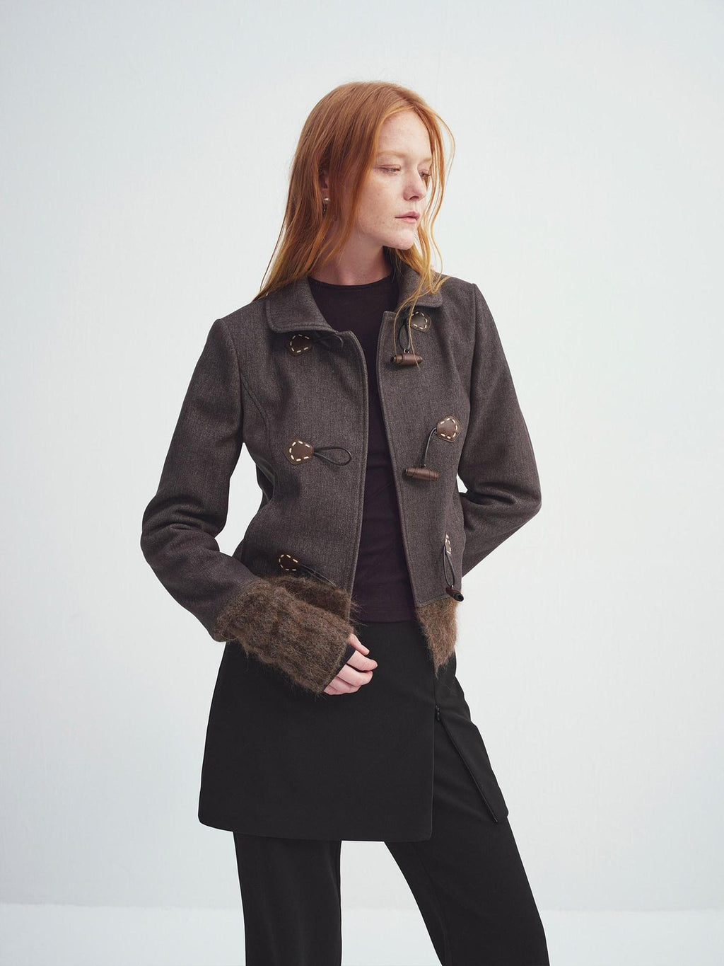 someonesometimes Soft Cotton Blend Casual Slim Short Toggle Closure Women Mist Brown Wool Coats
