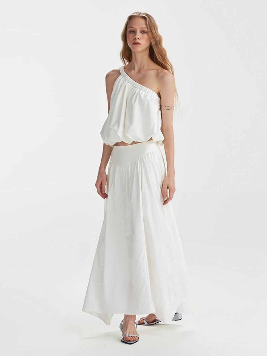 someonesometimes Soft Cotton One Shoulder Crop Ages 18 25 Milk White Matching Top & Skirt Sets