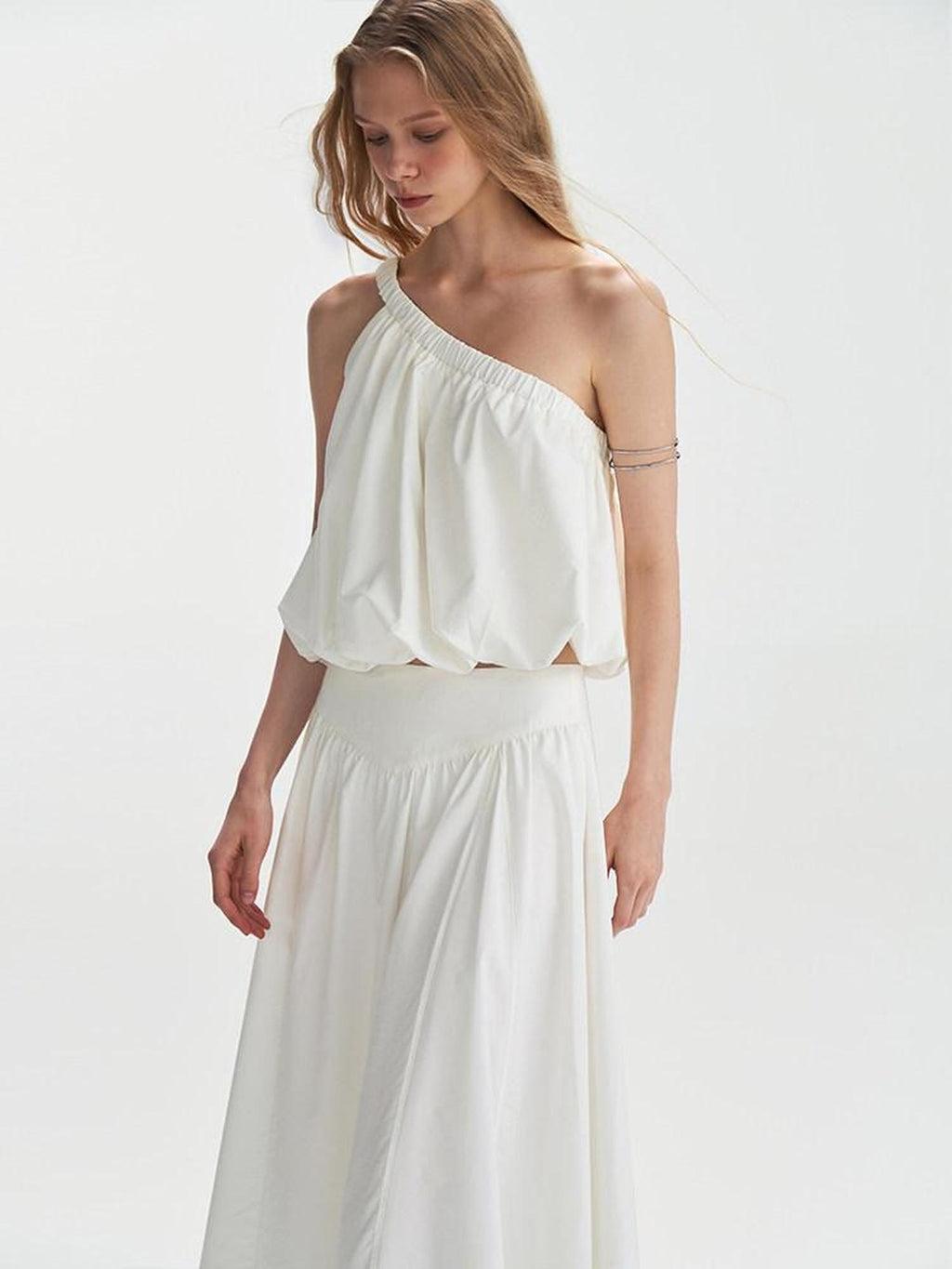 someonesometimes Soft Cotton One Shoulder Crop Ages 18 25 Milk White Matching Top & Skirt Sets