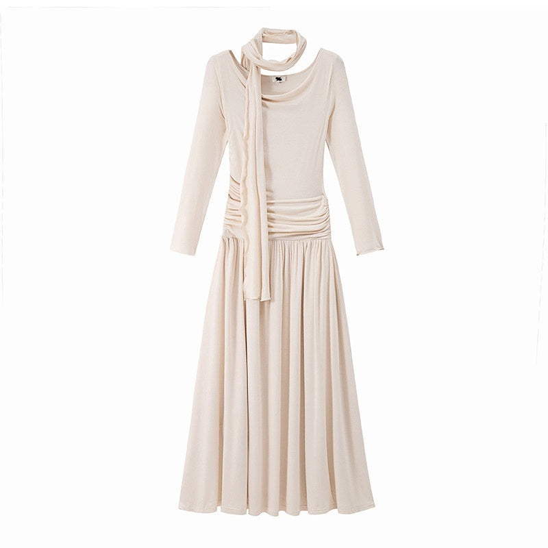 someonesometimes_Soft_Knit_Long_Sleeve_Cowl_Neck_Cream_Tea_Dress_Office_Workwear_Maxi_Dresses_MISSTT