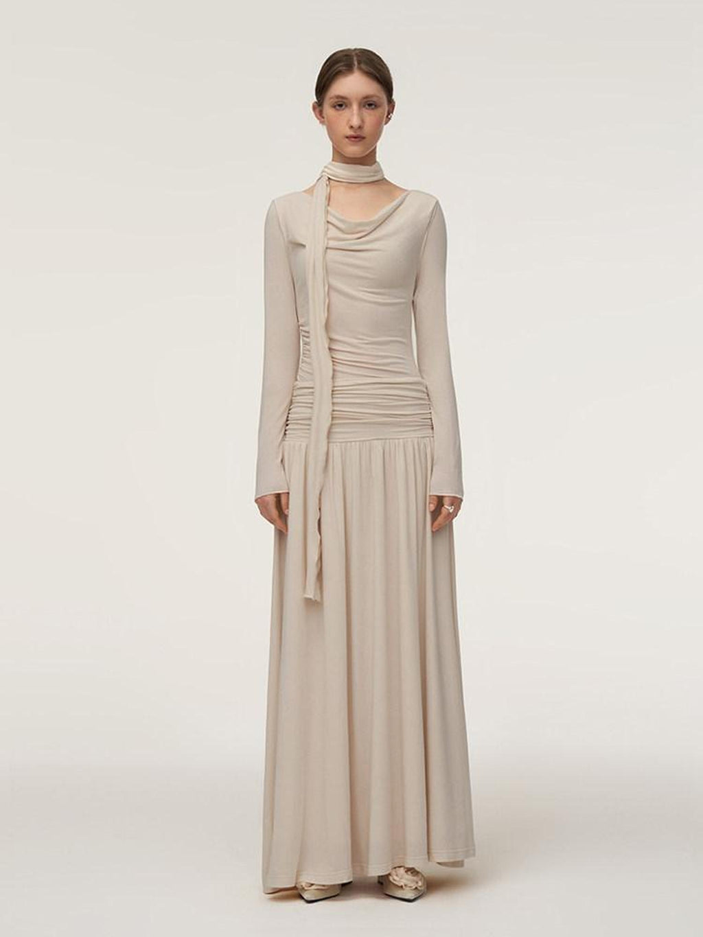 someonesometimes Soft Knit Long Sleeve Cowl Neck Cream Tea Dress Office Workwear Maxi Dresses