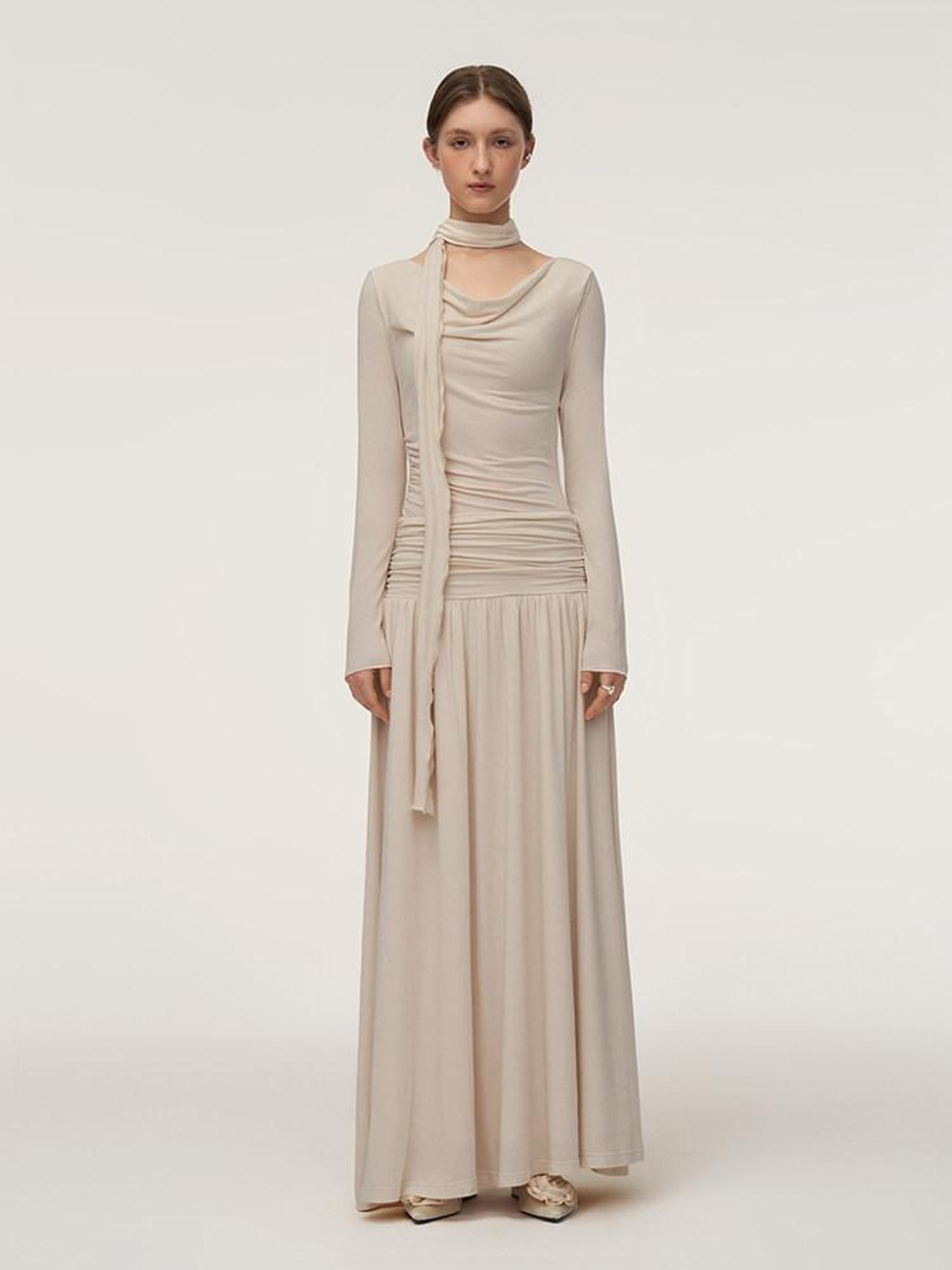 someonesometimes Soft Knit Long Sleeve Cowl Neck Cream Tea Dress Office Workwear Maxi Dresses