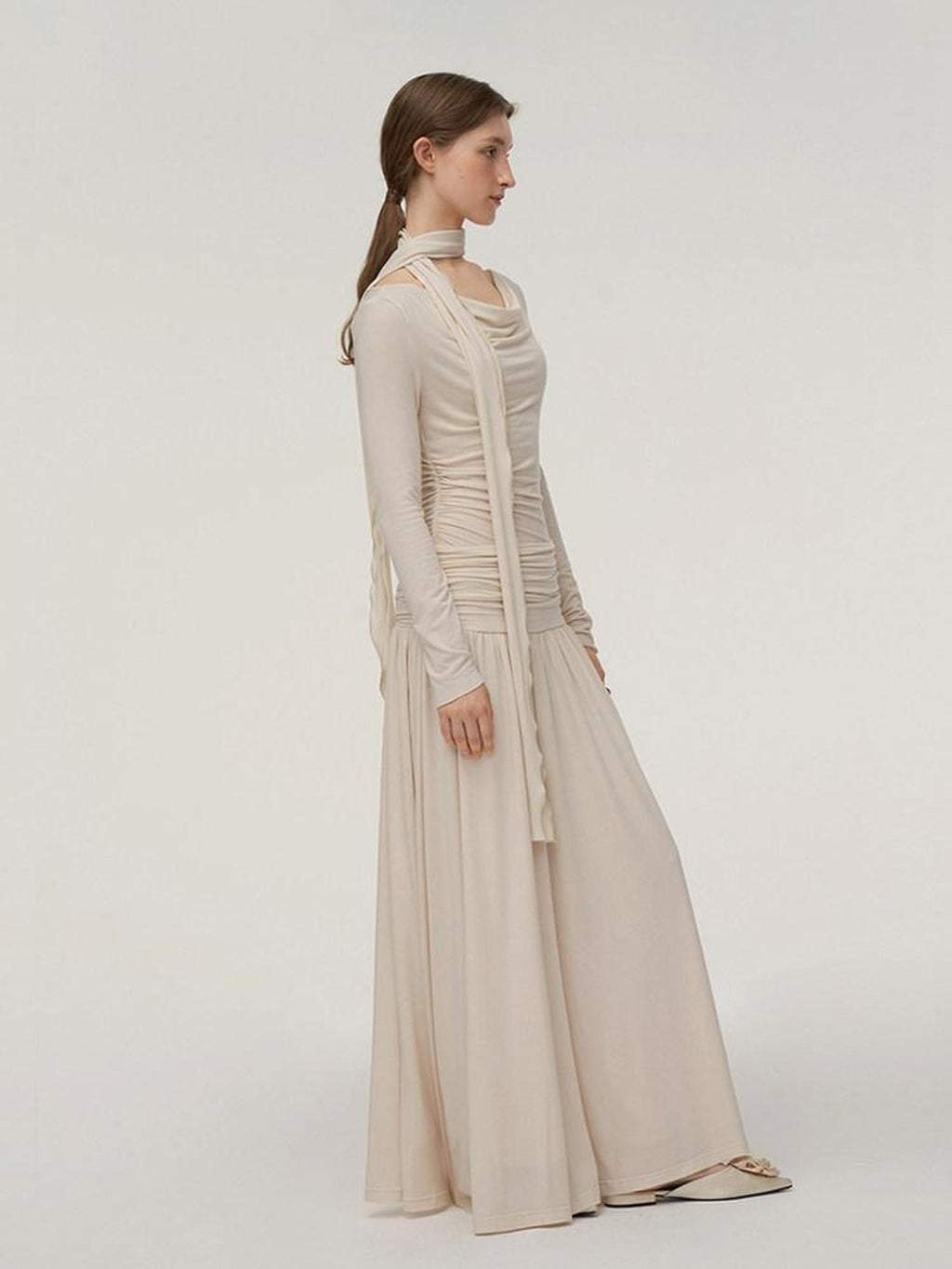 someonesometimes Soft Knit Long Sleeve Cowl Neck Cream Tea Dress Office Workwear Maxi Dresses