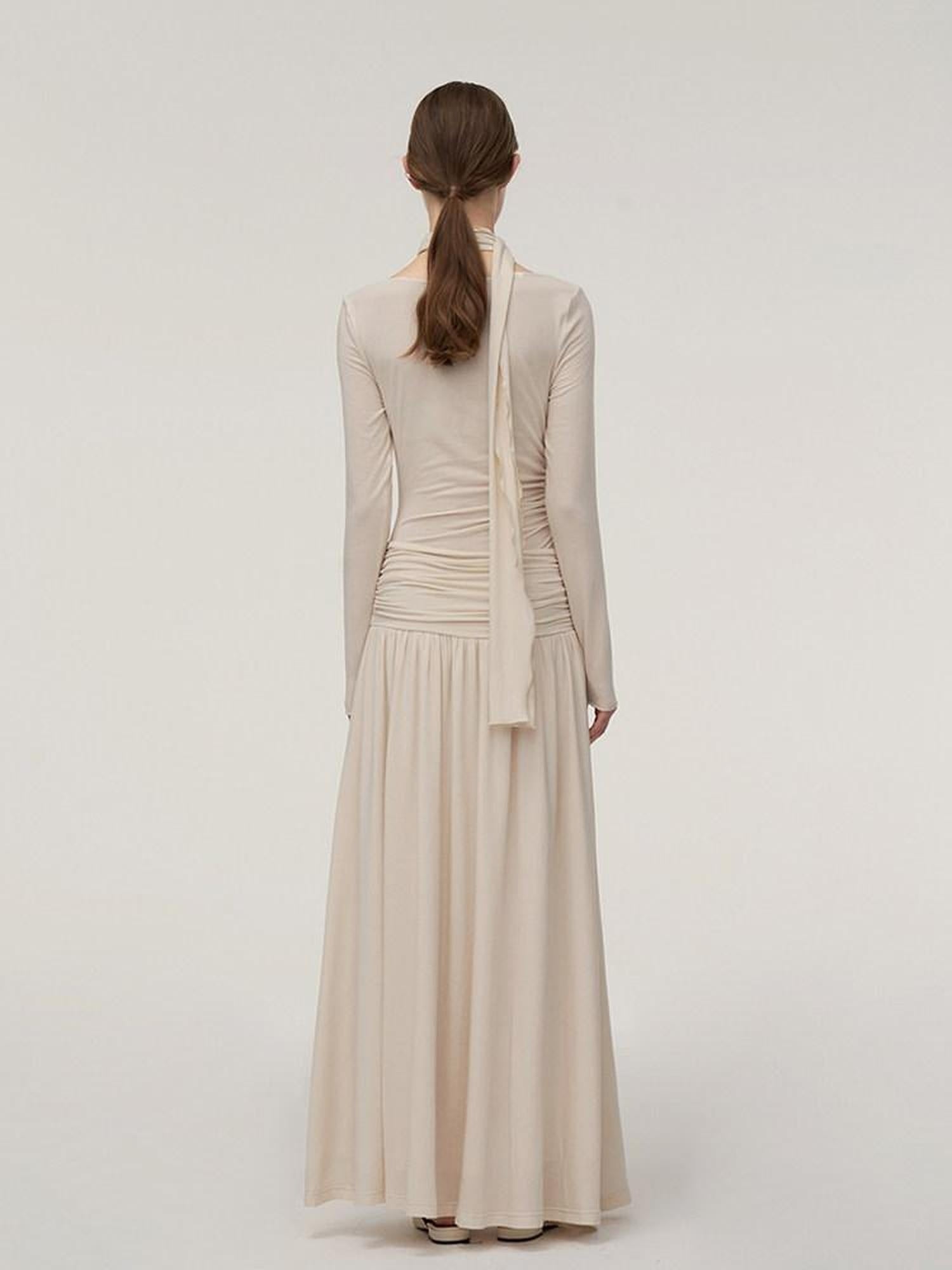 someonesometimes Soft Knit Long Sleeve Cowl Neck Cream Tea Dress Office Workwear Maxi Dresses