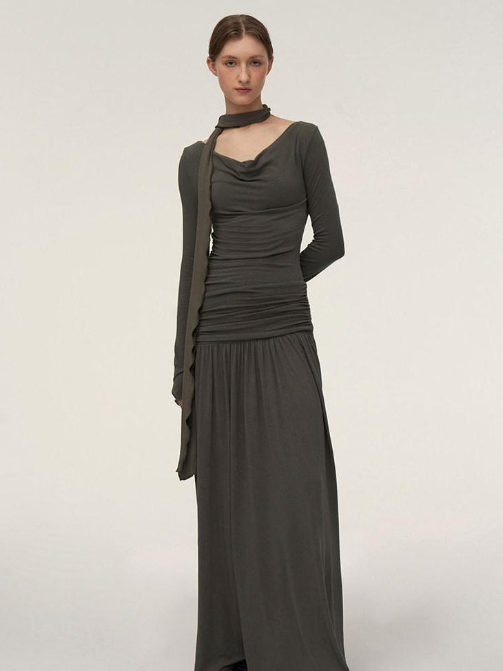 someonesometimes Soft Knit Long Sleeve Cowl Neck Cream Tea Dress Office Workwear Maxi Dresses